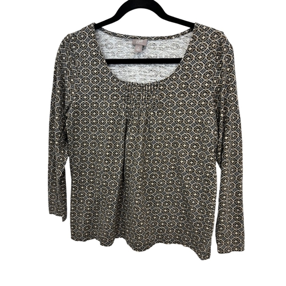 J Jill 3/4 Sleeve Pin Tucked Round Neck Cotton Knit Top Size Small